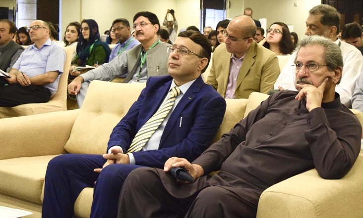 Shafqat Mahmood, Minister for Federal Education, Professional Training and Heritage and DG PASTIC Prof Dr Muhammad Akram Shaikh during the multi-stakeholder conference on Media and Information Literacy (MIL) for prevention of violent extremism